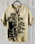 Japanese Bonsai Floral Cotton Henley Shirt