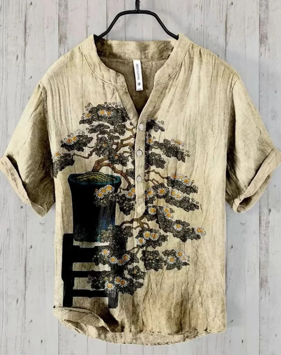 Japanese Bonsai Floral Cotton Henley Shirt
