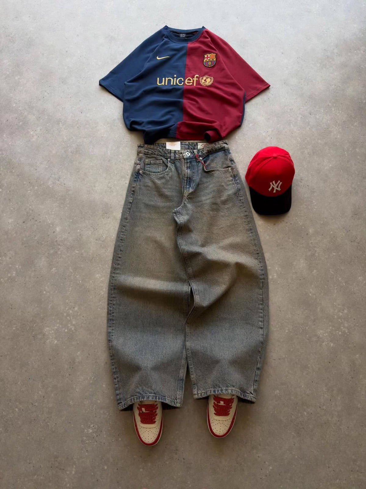 Men's Barcelona Color Block T-Shirt with Baggy Jeans & Cap Set