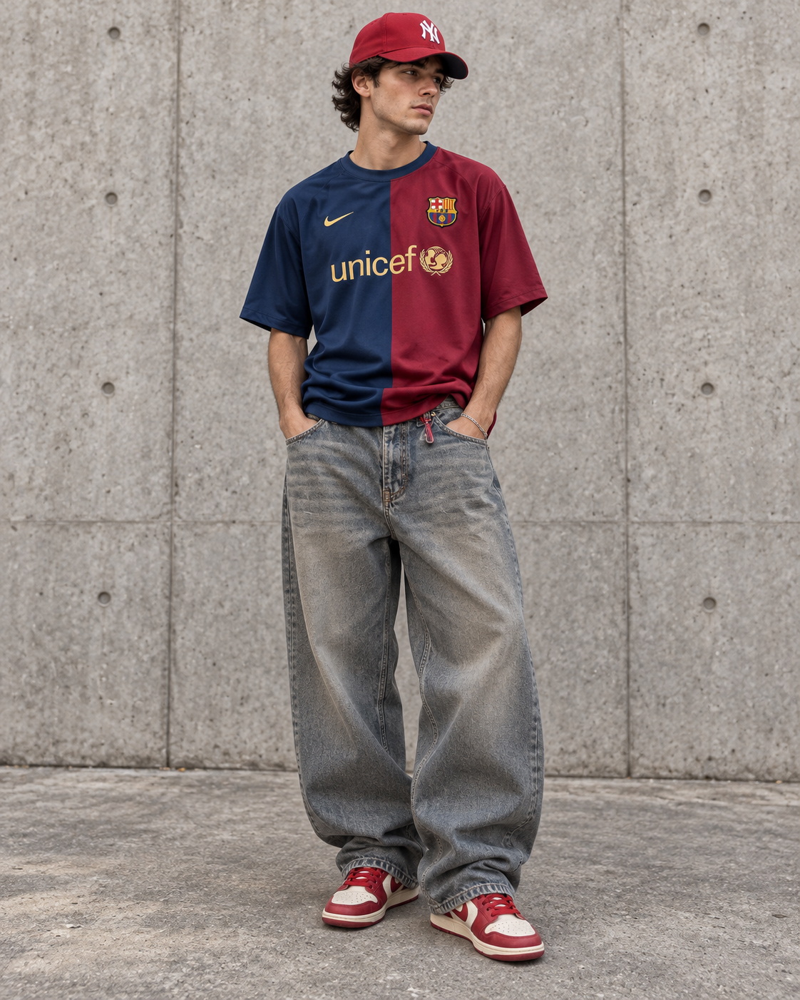 Men's Barcelona Color Block T-Shirt with Baggy Jeans & Cap Set