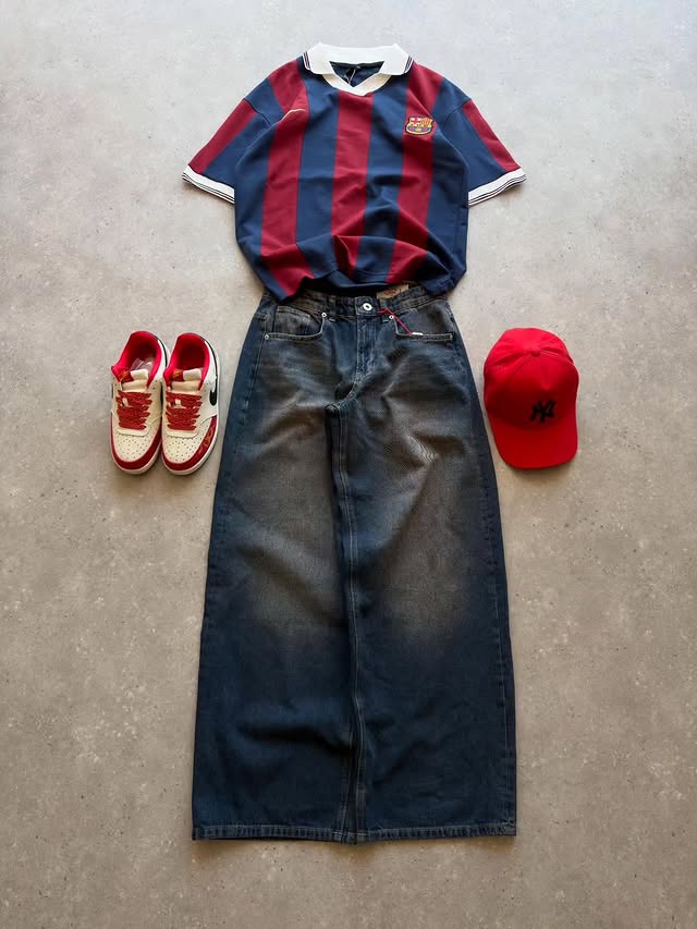 Men's Navy & Burgundy Striped Polo T-Shirt with Baggy Jeans & Cap Set