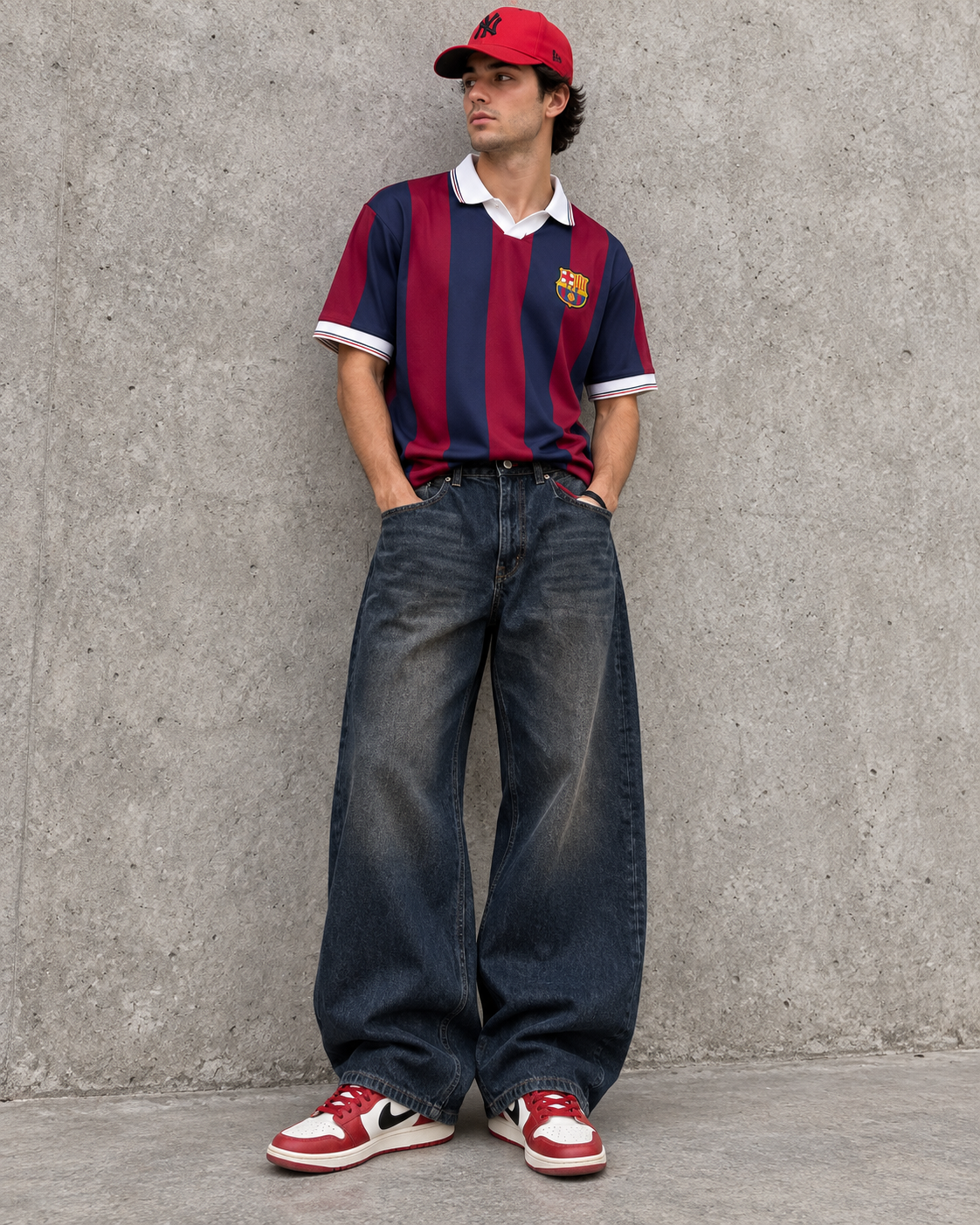 Men's Navy & Burgundy Striped Polo T-Shirt with Baggy Jeans & Cap Set