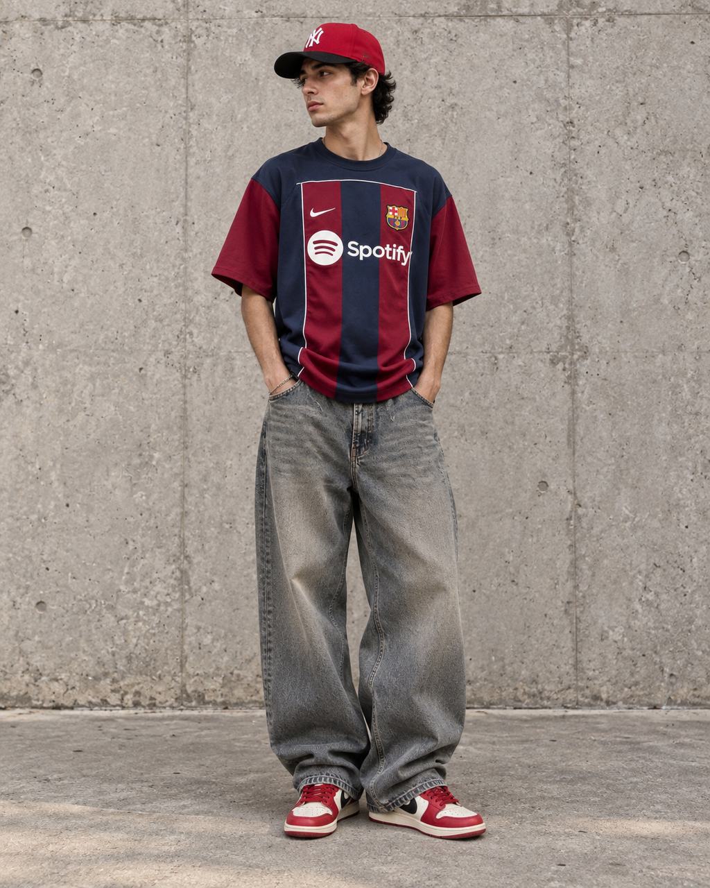 Men's Navy & Burgundy Graphic T-Shirt with Baggy Jeans & Cap Set