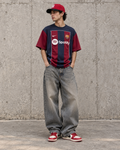 Men's Navy & Burgundy Graphic T-Shirt with Baggy Jeans & Cap Set