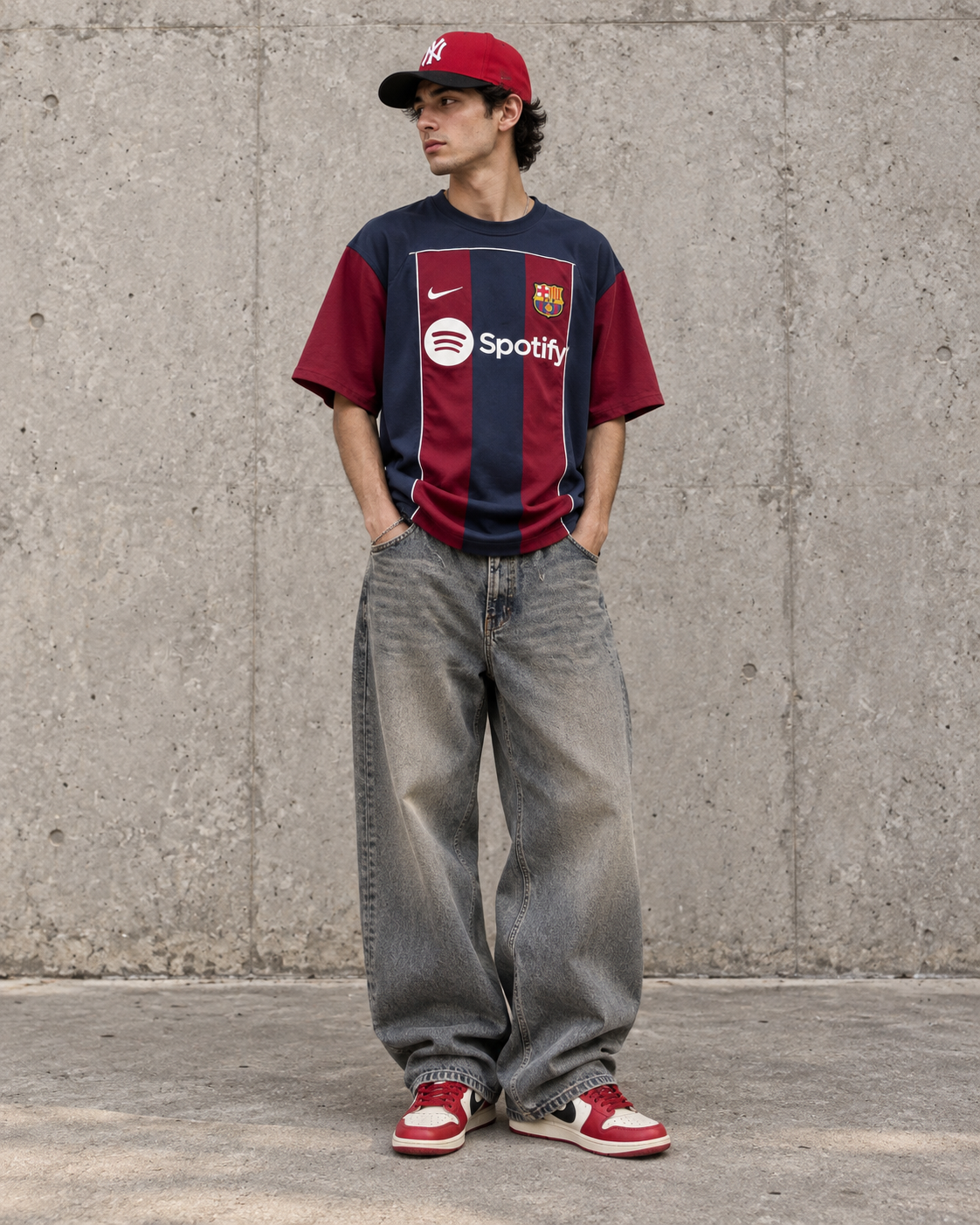 Men's Navy & Burgundy Graphic T-Shirt with Baggy Jeans & Cap Set