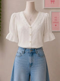 White Lace Trim Button Front Blouse