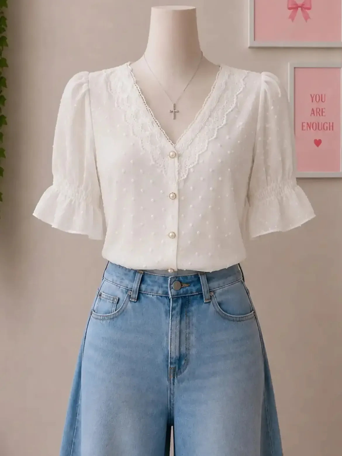 White Lace Trim Button Front Blouse