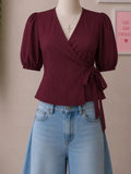 Burgundy Puff Sleeve Wrap Top