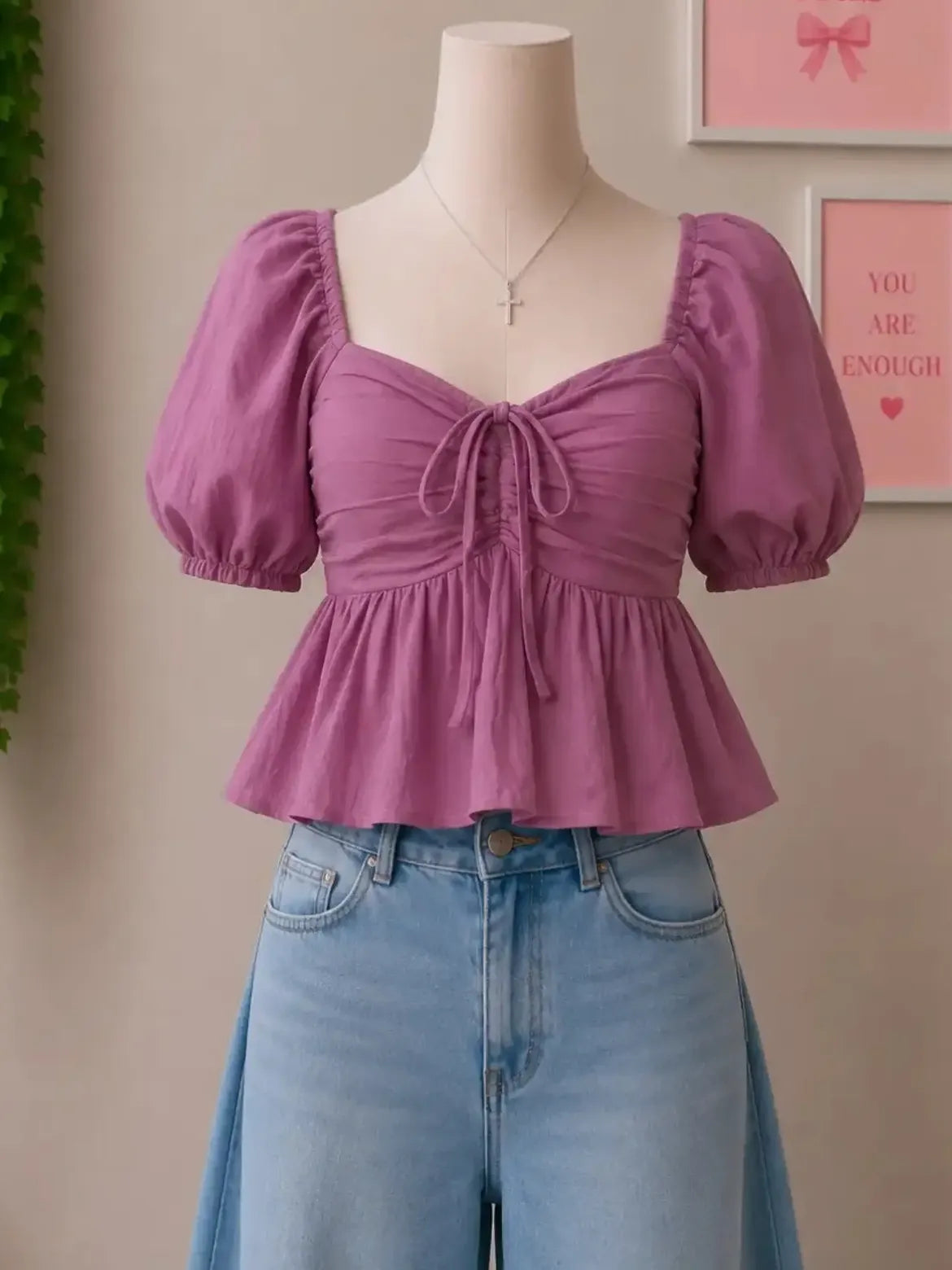 Mauve Tie Front Puff Sleeve Peplum Top