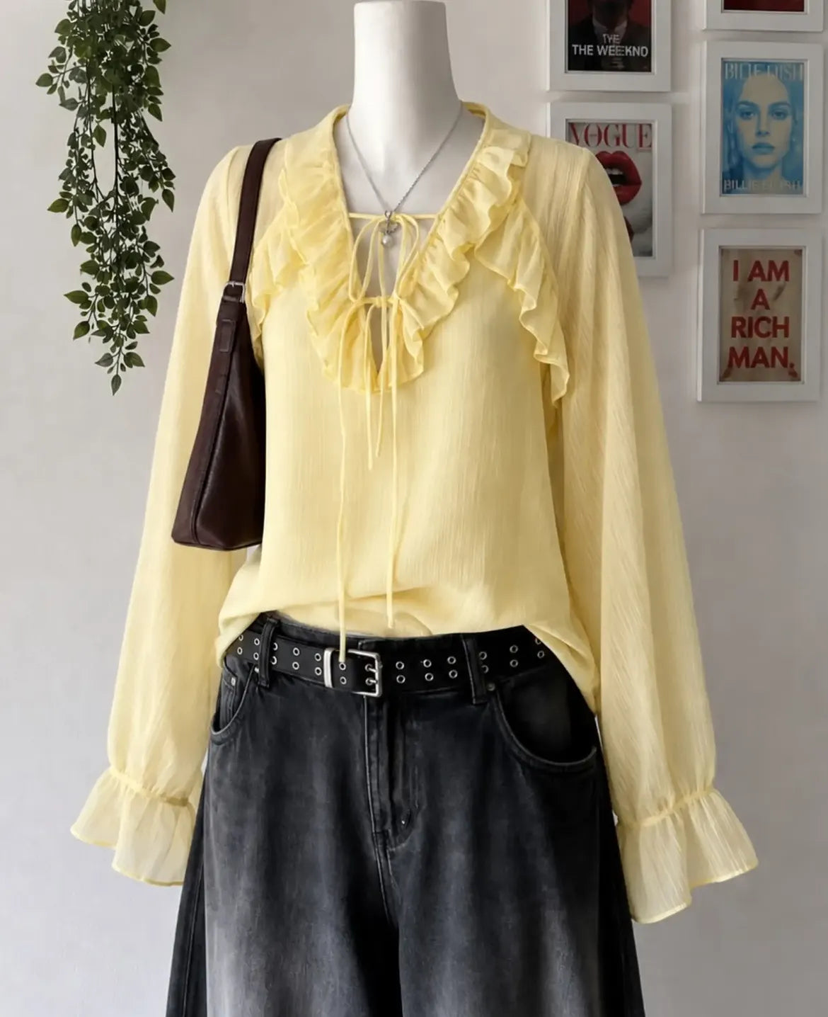 Yellow Ruffle Tie Neck Blouse