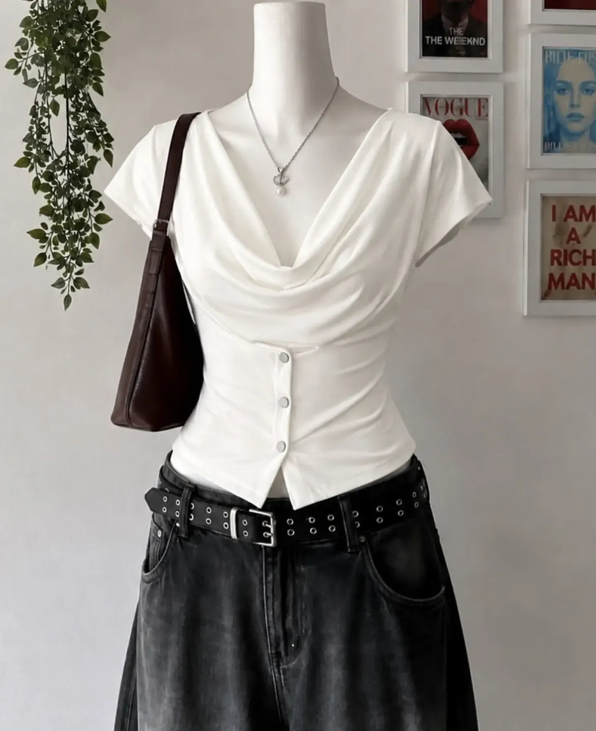 White Cowl Neck Button Front Top