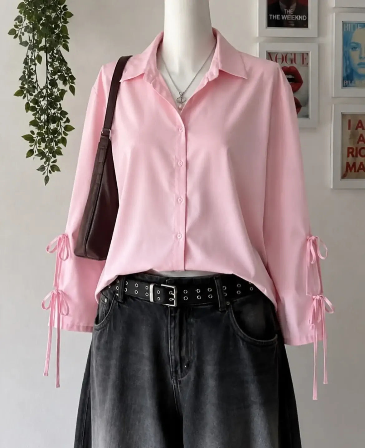 Pink Tie Cuff Long Sleeve Shirt