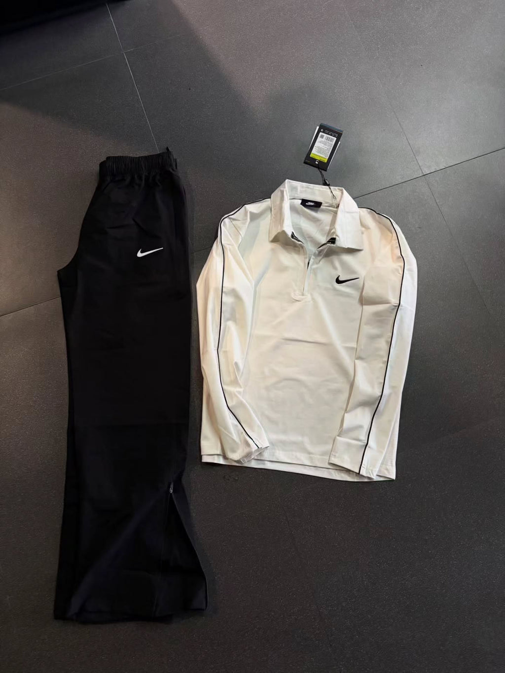 Men's White Long Sleeve Polo Shirt & Black Track Pants Set