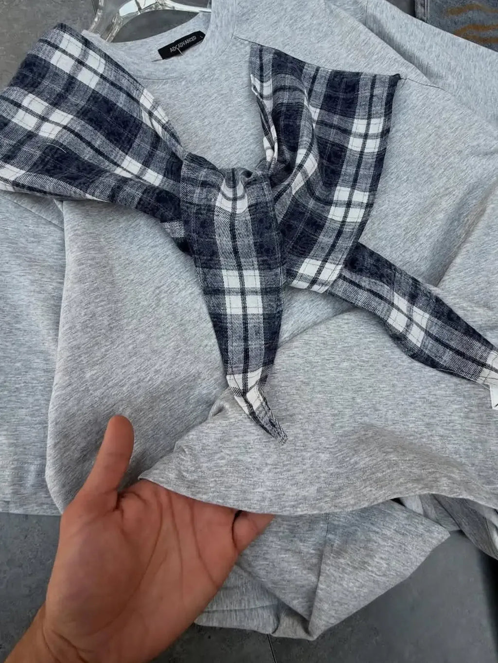 White Plaid Tie Detail T-Shirt