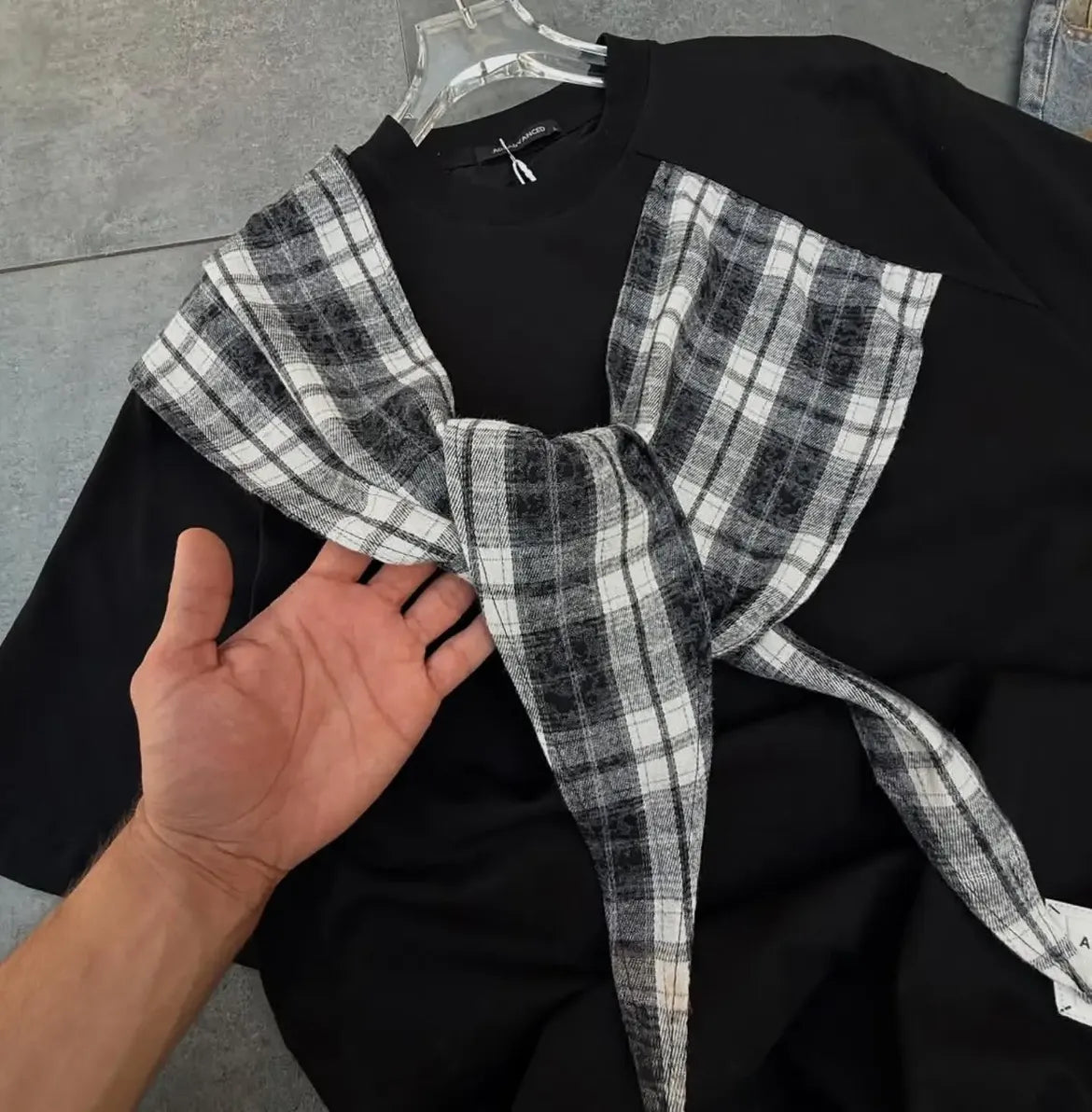 Black Plaid Tie Detail T-Shirt