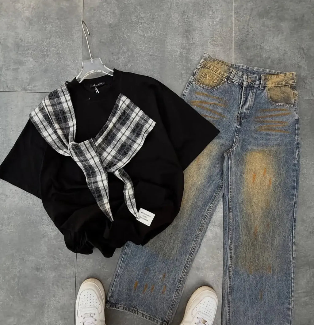 Black Plaid Tie Detail T-Shirt