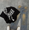 Black Plaid Tie Detail T-Shirt
