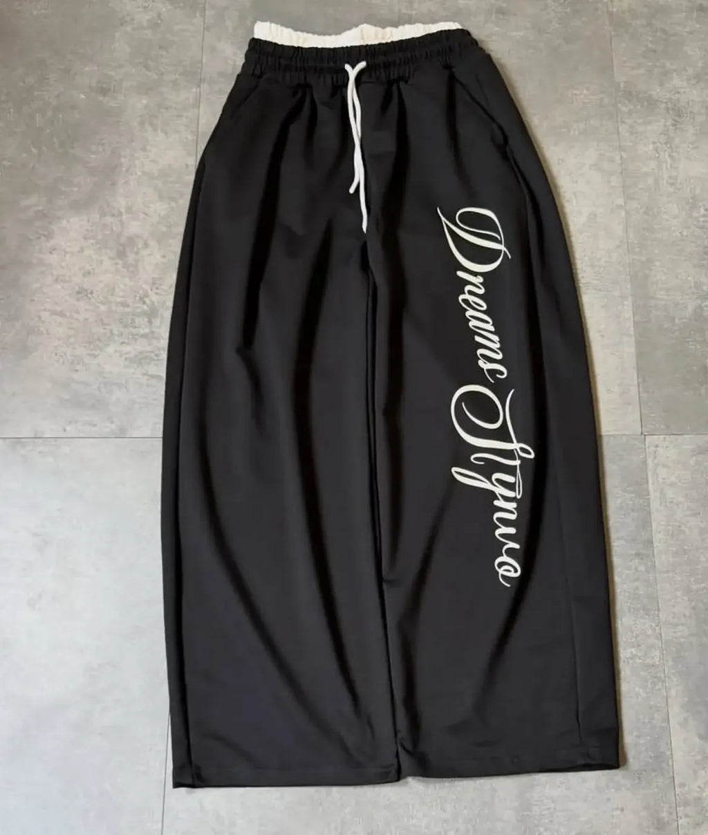 Dreams Avenue,77 Patch Black Baggy Wide-Leg Sweatpants