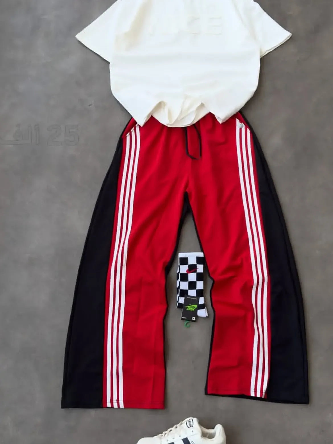Oversized T-Shirt & Triple Stripe Wide-Leg Track Pants Set – White & Red