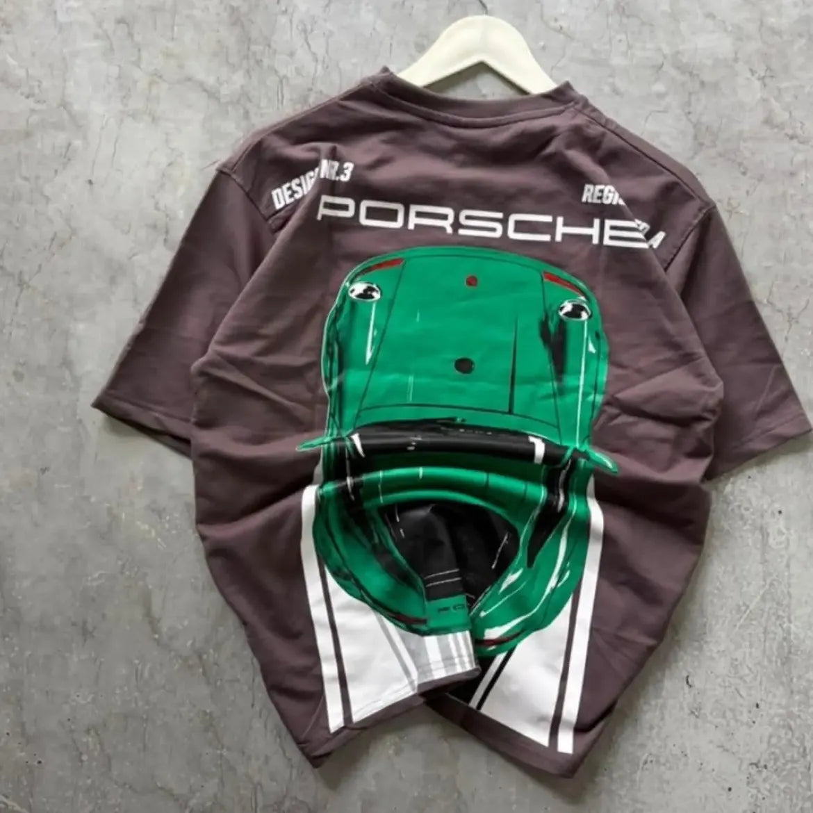 Porsche Racing Car Graphic Oversized T-Shirt – Brown