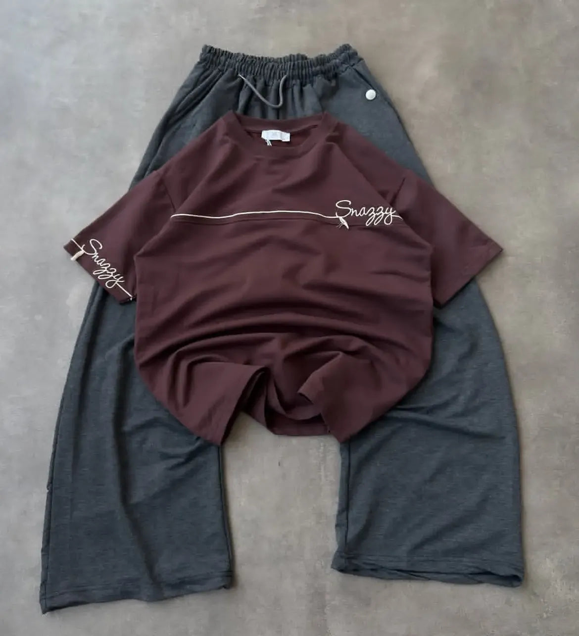 Snazzy Oversized T-Shirt & Wide-Leg Jogger Combo – Brown & Charcoal