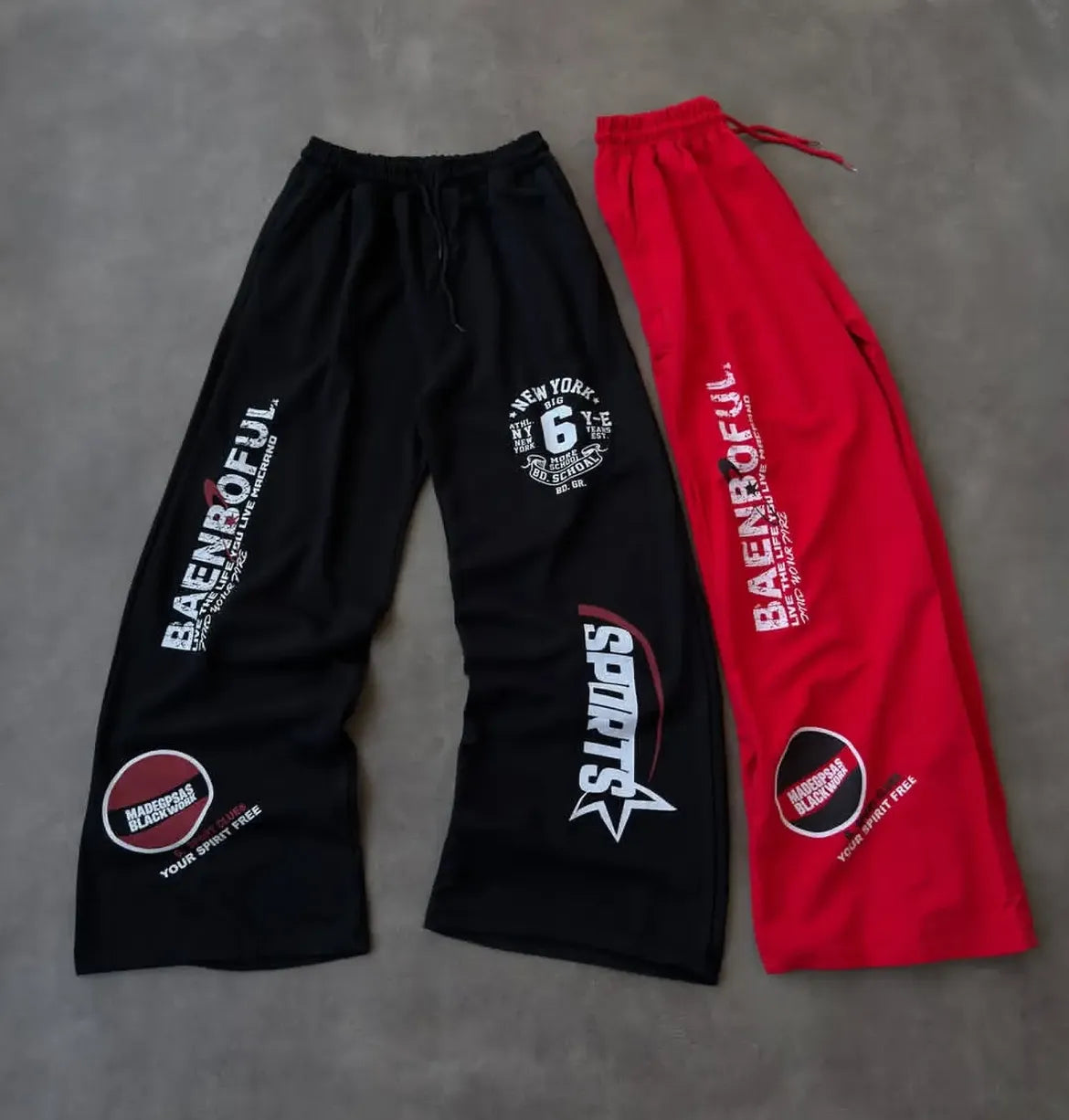 Urban Graphic Wide-Leg Jogger Pants – Black & Red