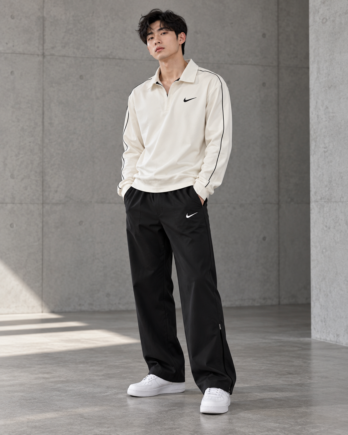 Men's White Long Sleeve Polo Shirt & Black Track Pants Set