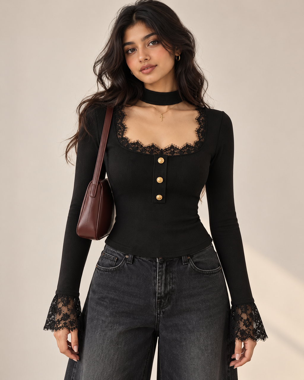 Women’s Black Lace Trim Choker Neck Long Sleeve Top