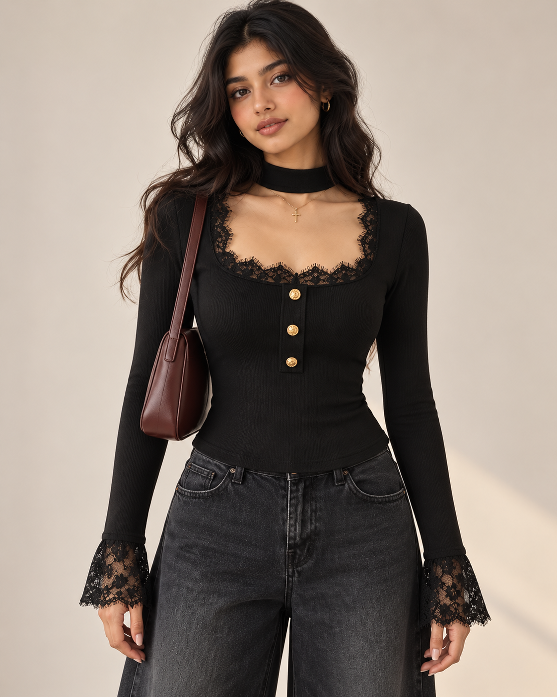 Women’s Black Lace Trim Choker Neck Long Sleeve Top
