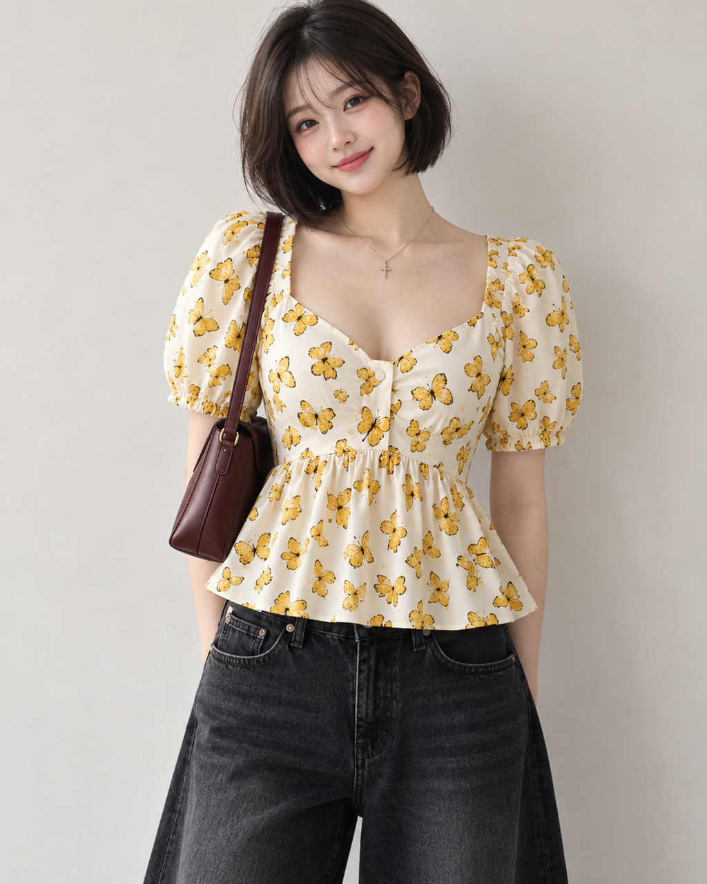 Women’s Ivory Butterfly Print Puff Sleeve Peplum Top