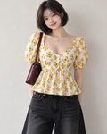 Women’s Ivory Butterfly Print Puff Sleeve Peplum Top