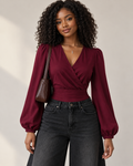 Women’s Burgundy Wrap V-Neck Puff Sleeve Top