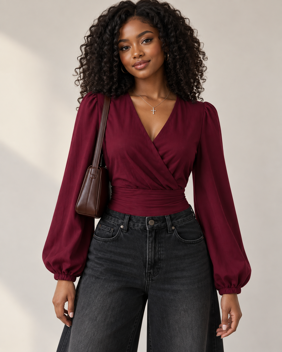 Women’s Burgundy Wrap V-Neck Puff Sleeve Top