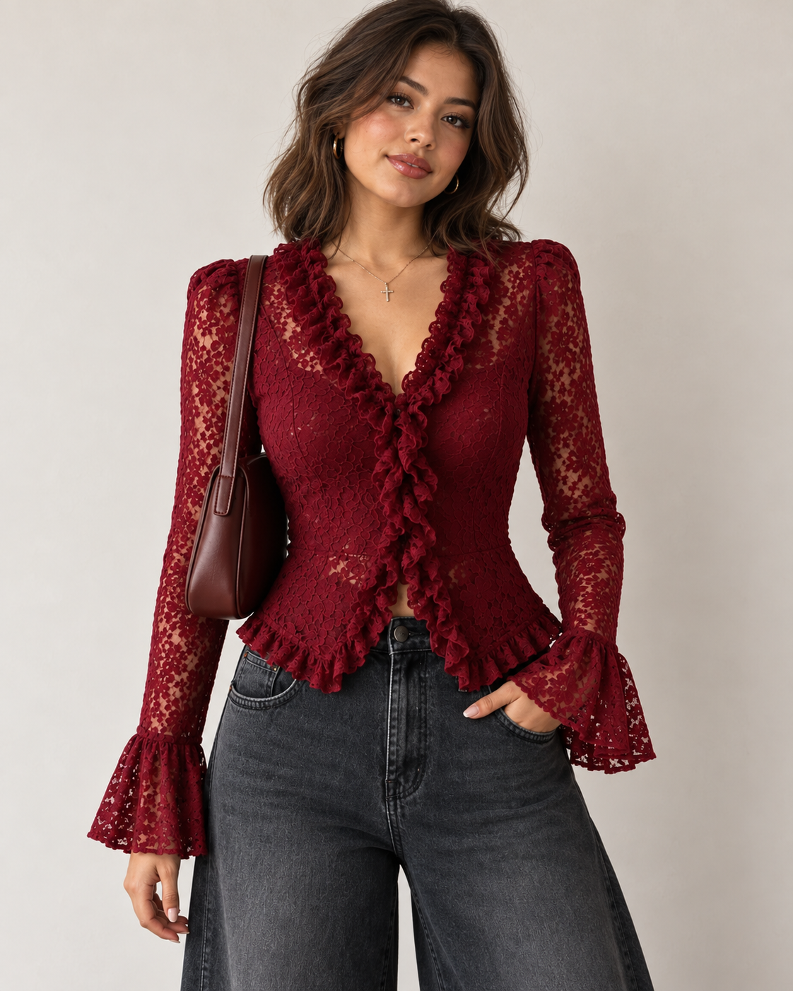 Women’s Wine Red Floral Lace Ruffle Long Sleeve Top
