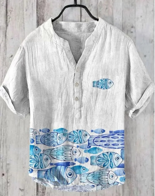 Blue Fish Print Cotton Henley Shirt