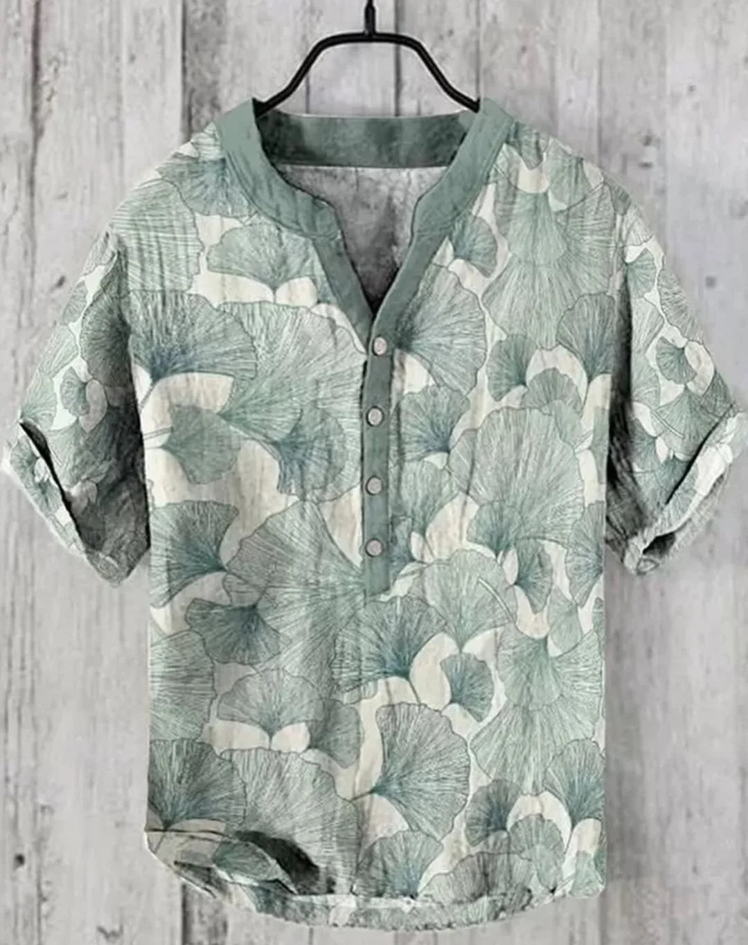 Sage Botanical Floral Cotton Henley Shirt
