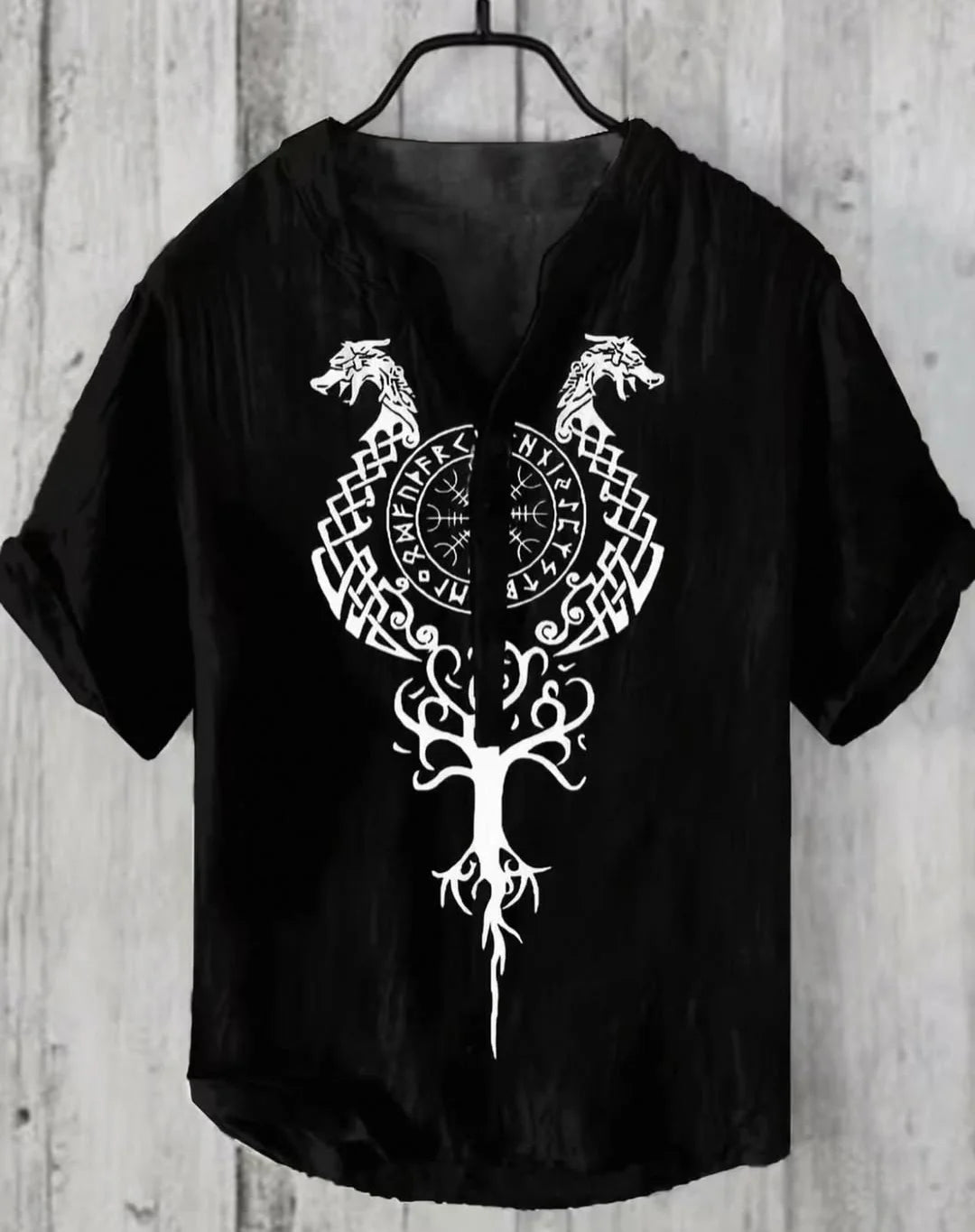 Nordic Tree Symbol Cotton Henley Shirt - Black