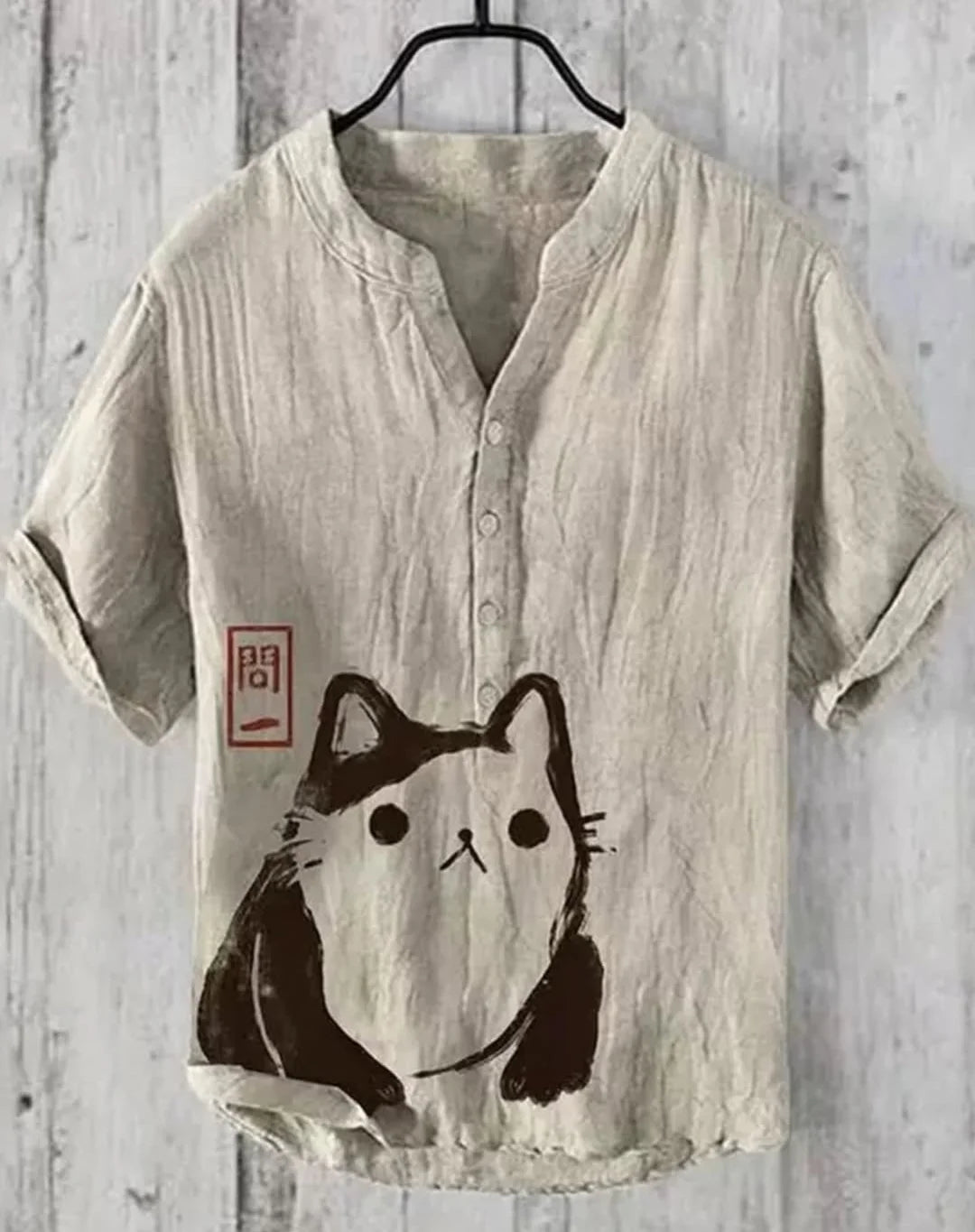 Cute Cat Print Cotton Henley Shirt