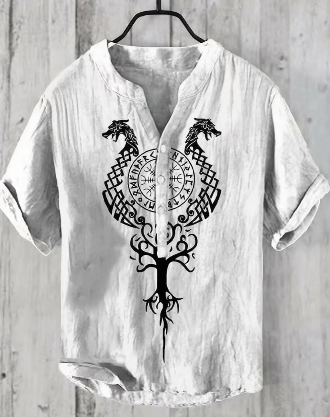 Nordic Tree Symbol Cotton Henley Shirt - White