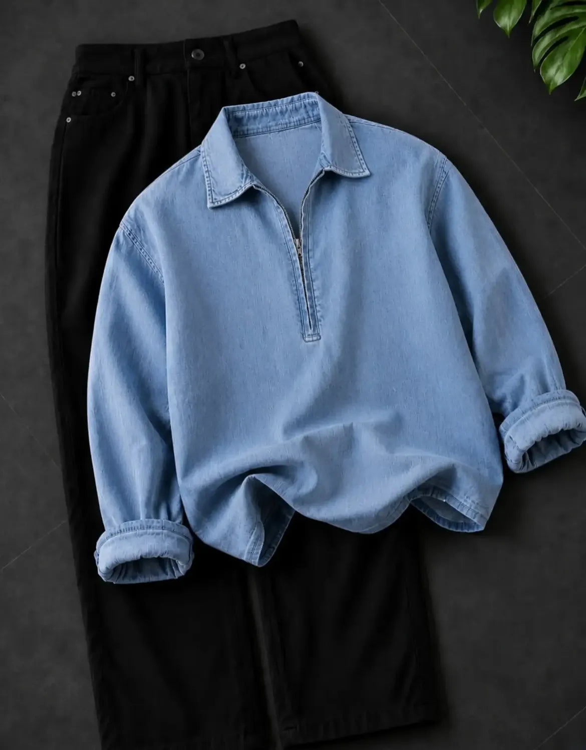 Light Blue Half Zip Denim Shirt