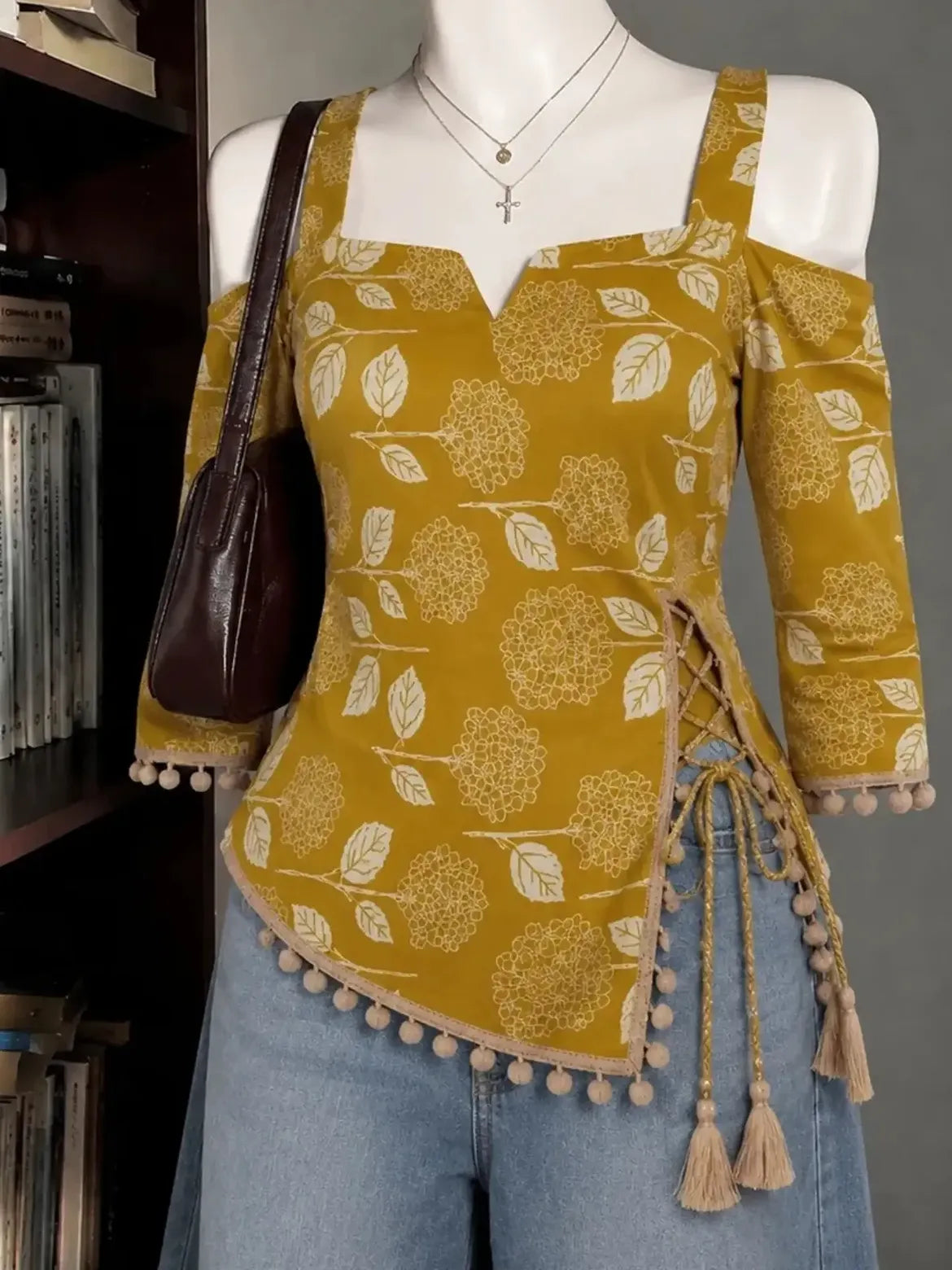Blue Pink Floral Square Neck Top