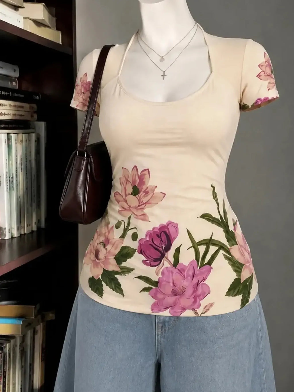 Blue Pink Floral Square Neck Top