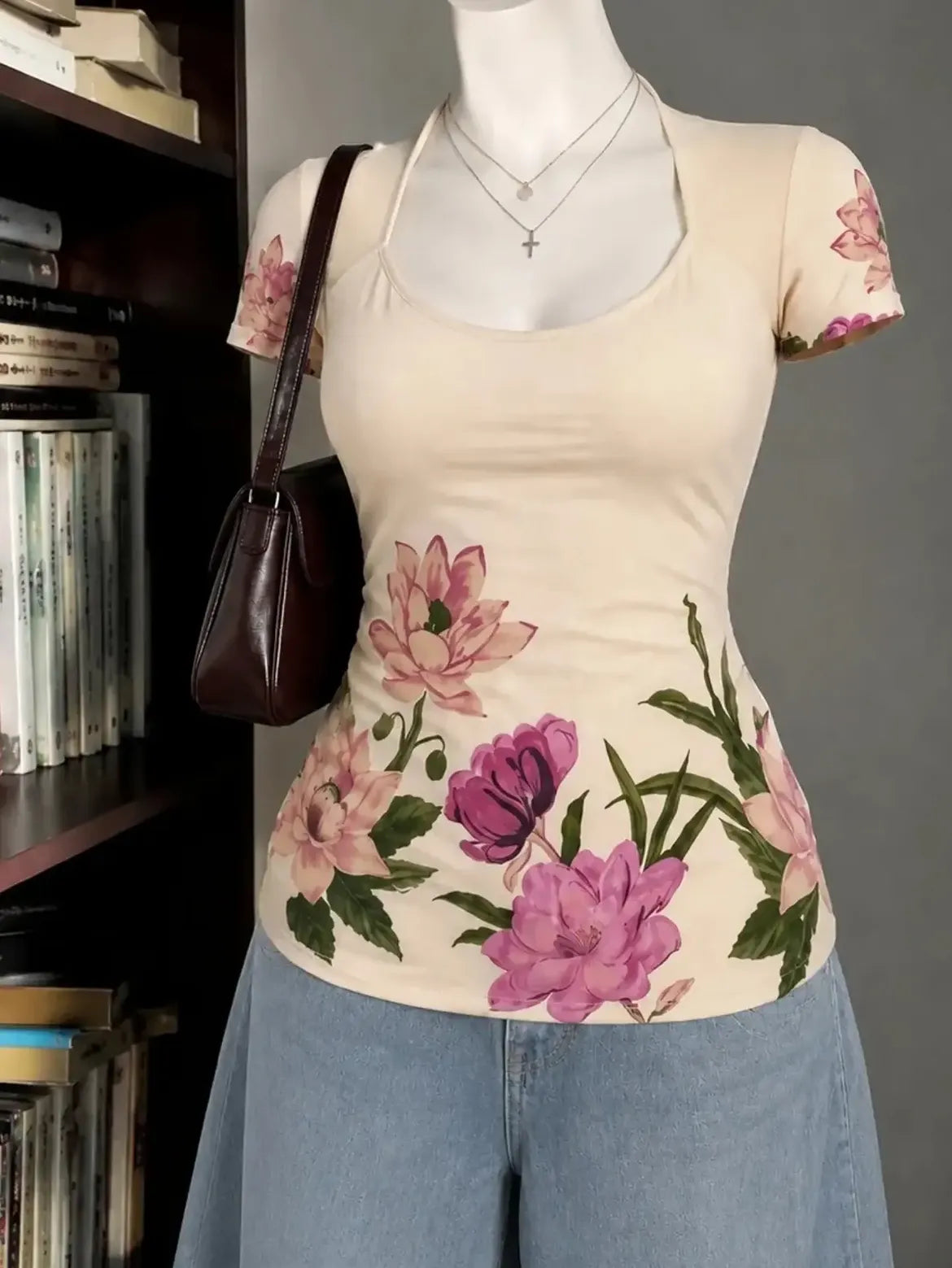 Blue Pink Floral Square Neck Top