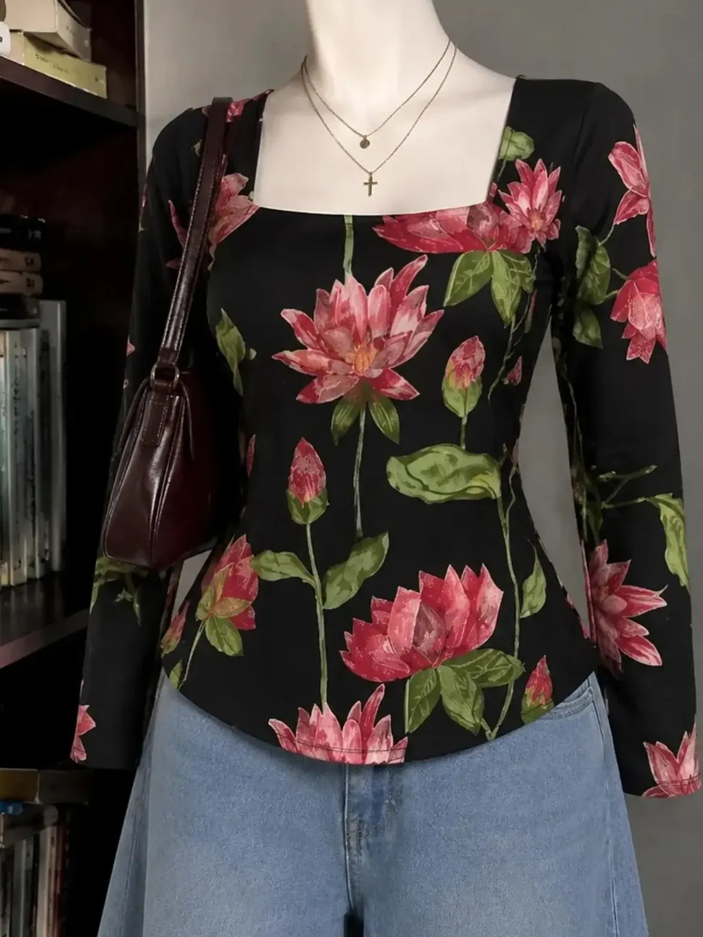 Blue Pink Floral Square Neck Top