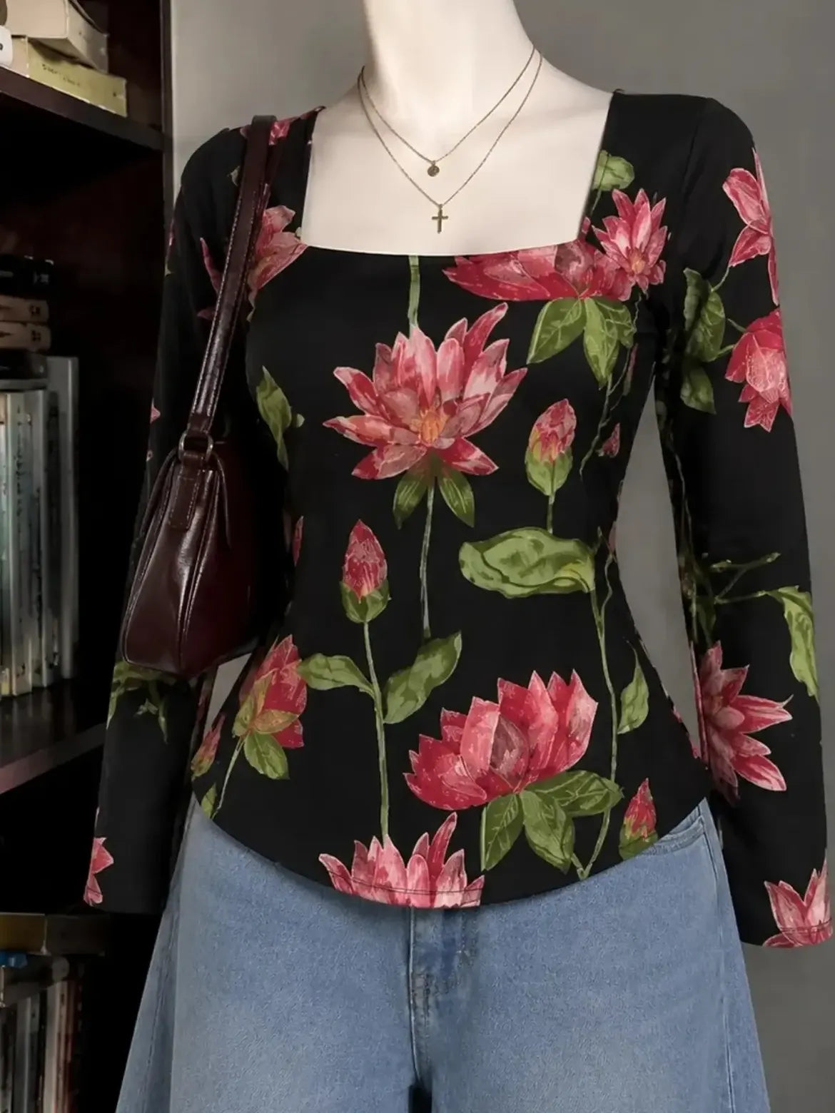 Blue Pink Floral Square Neck Top