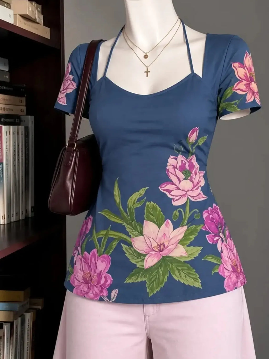 Blue Pink Floral Square Neck Top