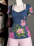 Blue Pink Floral Square Neck Top