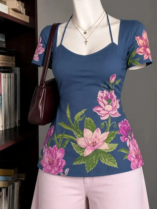 Blue Pink Floral Square Neck Top