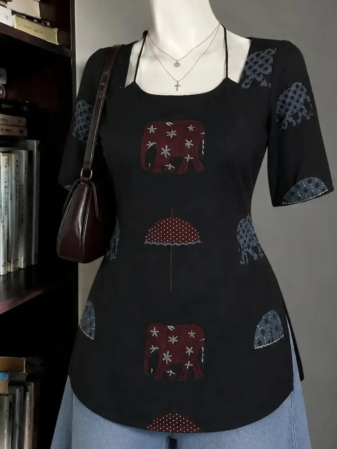 Blue Pink Floral Square Neck Top