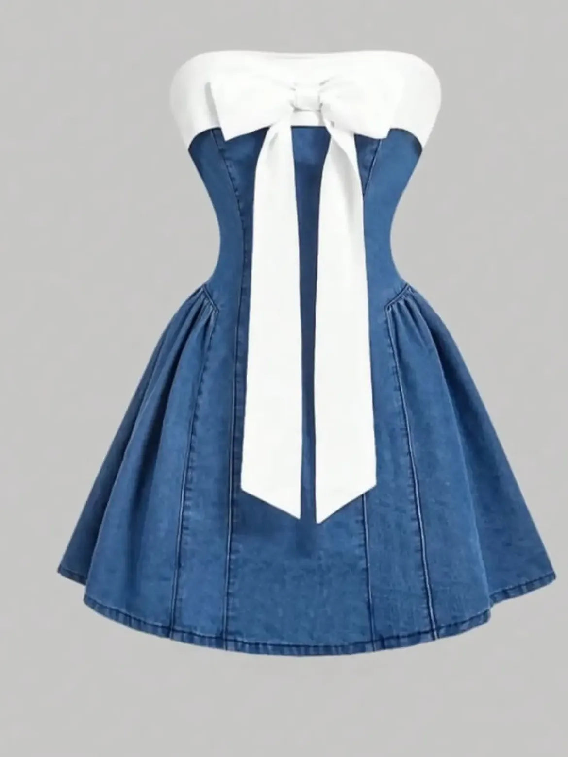 Blue Strapless White Bow Denim Dress